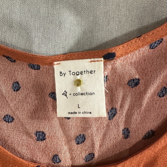 By Together Flowy Knee Length‎ Polka Dot Dress Size L Organge Navy Blue Ruffle - Picture 4 of 6